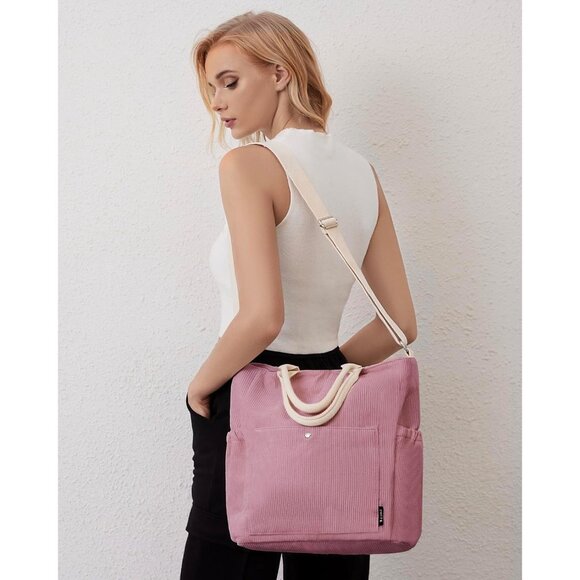Prite Women Pink Corduroy Large Hobo Shoulder Crossbody Tote Bag With Pockets - Picture 2 of 6